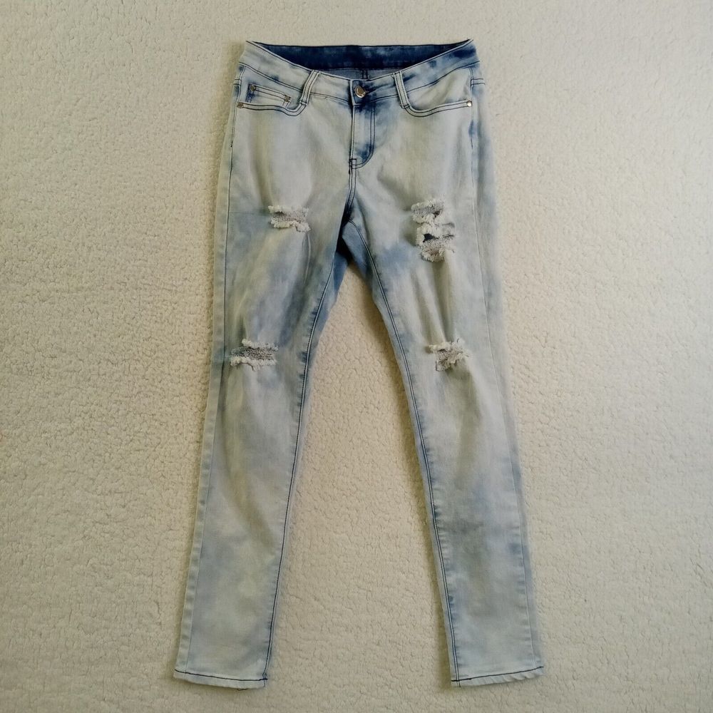 Fashion Nova U.W.J Jeans Junior 13‎ Distressed Faded Stretch Blue Denim Straight
